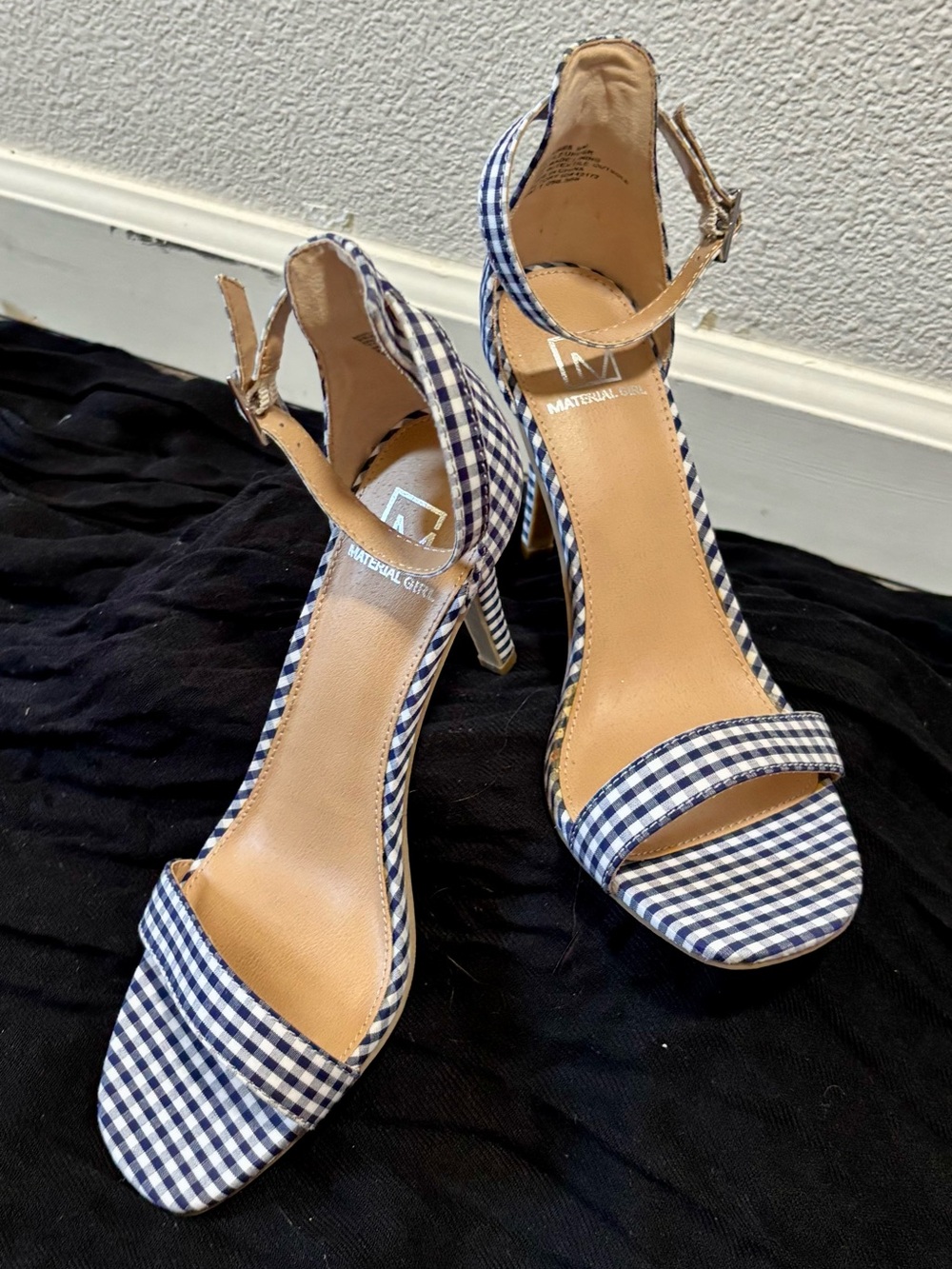 Material Girl Navy and White Gingham Ankle-Strap Heels